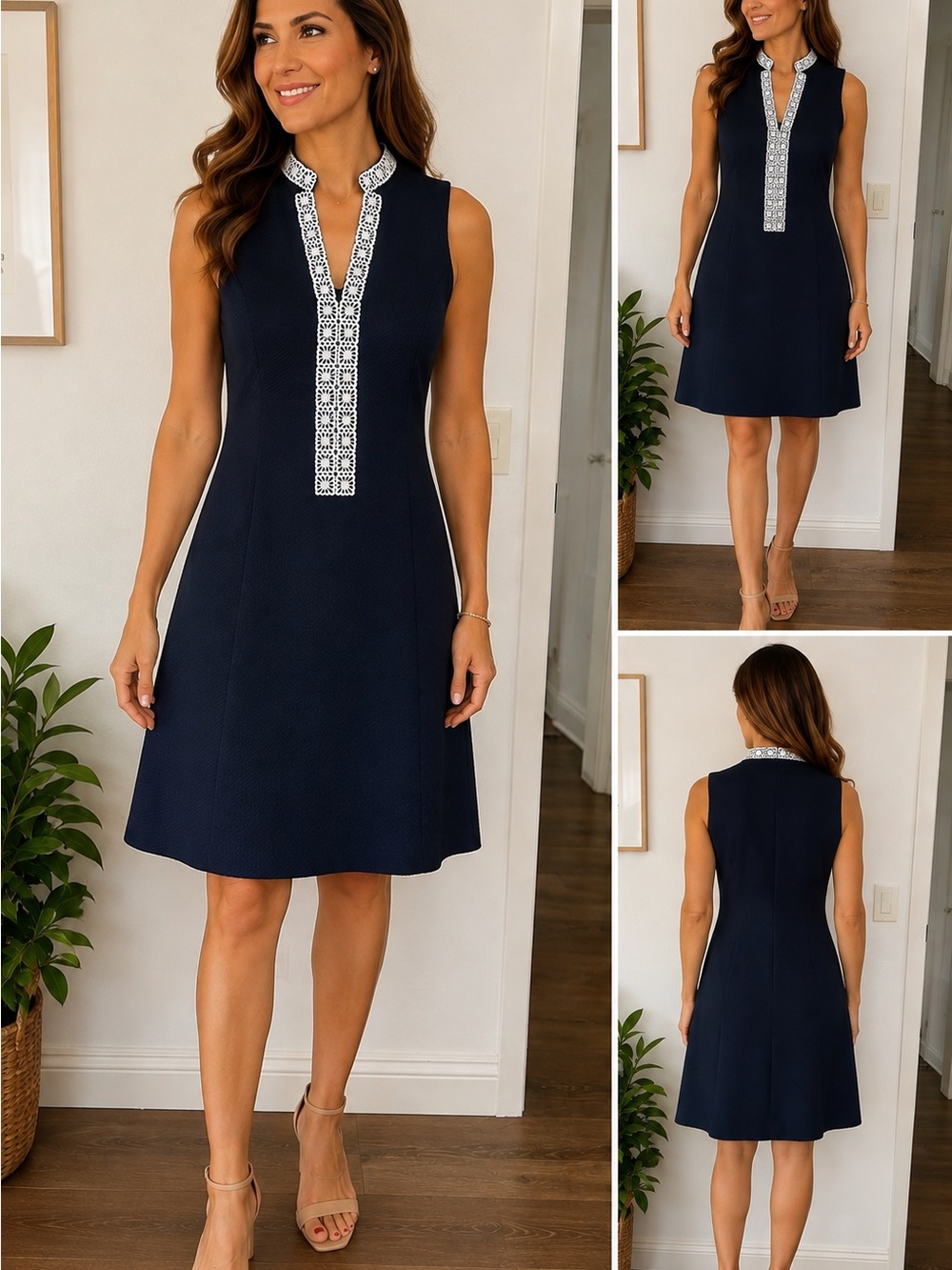 Cappagallo Navy Blue Sleeveless Shift Dress Size 10 White Floral Lace Trim